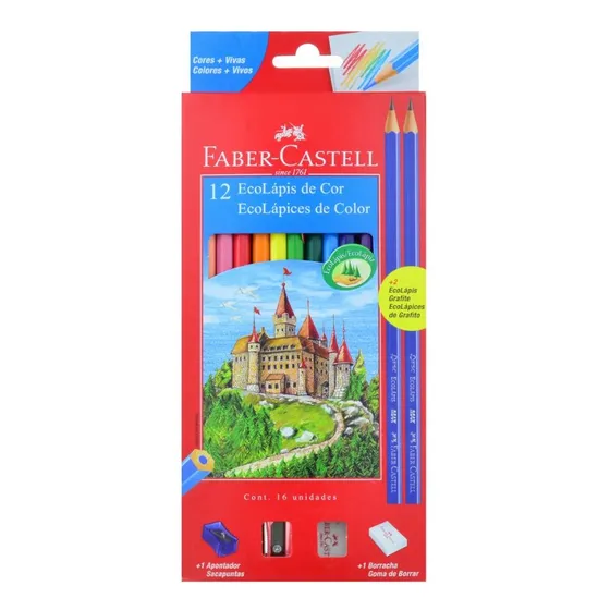 Ecolápis Faber-castell 12 Unidades+ Apontador+ Borracha+ 2 Lápis