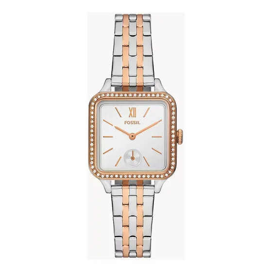Reloj Fossil Bq3979 Dama Oro Correa Plata Bisel Dorado Fondo Blanco