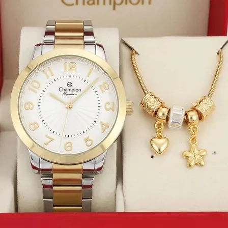 Relógio Feminino Champion Bicolor Cn25118 + Kit Joias Bisel Dourado Branco