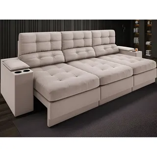 Sofá Retrátil Reclinável 4 Lugares Eureka 2,30m Velosuede USB Porta Copos Bege