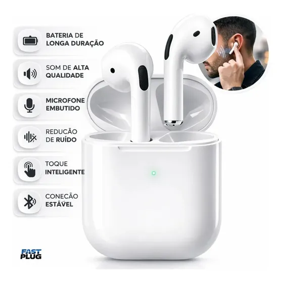 Fone De Ouvido Bluetooth Sem Fio Bateria de Longa Duração Pro 4 Branco Conecta Rápido Fast Plug
