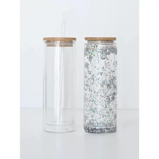 Vaso Doble Pared Snowglobe, Tapa De Bambu Y Pitillo (shaker)