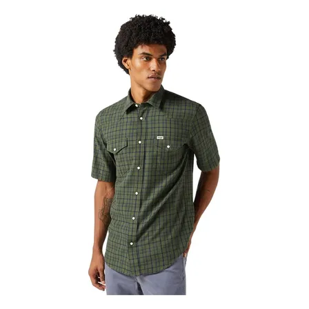 Camisa Hombre Manga Corta Western Shirt Green Indigo Plaid