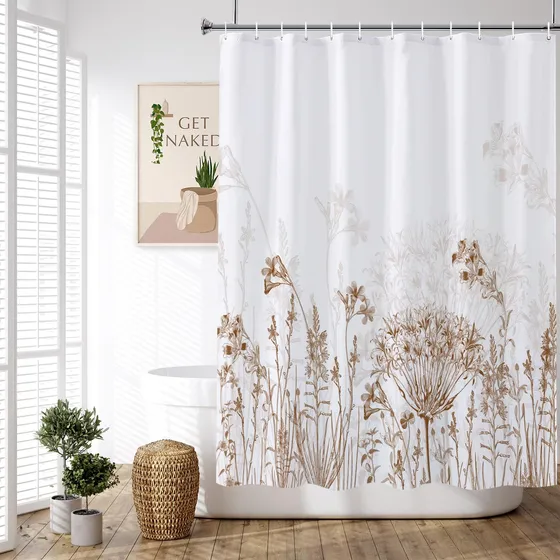 Cortina Ducha Larga Botanica Floral Marron Para Baño