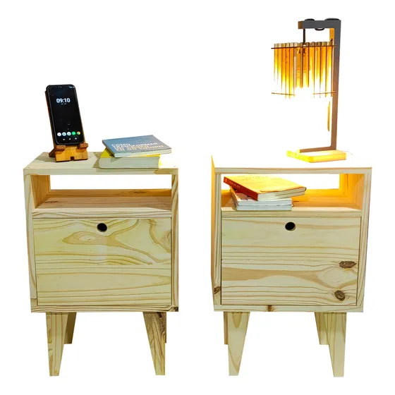 Mesa De Luz Retro Vintage Escandinava En Pino X 2 Unidades
