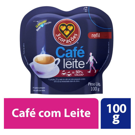 Café Com Leite Solúvel 3 Corações Sache 100g Café Com Leite Solúvel 3 Corações Sache 100g