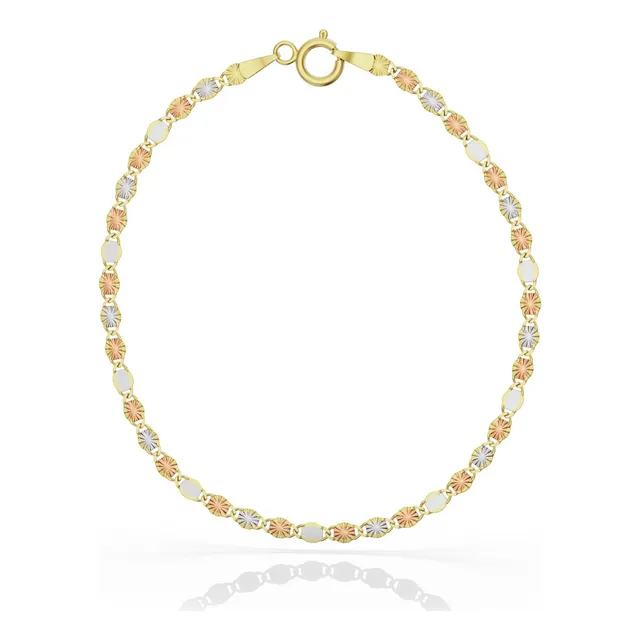 Pulsera Valentino Tricolor Planchada 14k Oro Italy 3mm 18cm Color Dorado Diámetro 6 cm Largo 18 cm