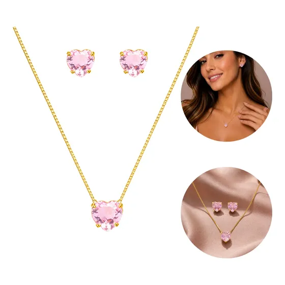 Conjunto Colar E Brinco Pedra Rosa Claro Folheado A Ouro 18k — foto 2