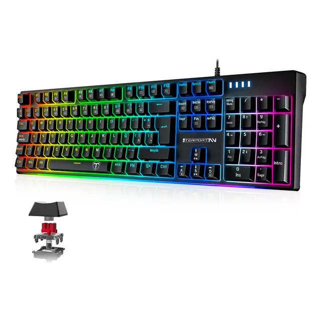TERPORT Teclado Mecanico Español al 100% Alambrico Con Red Switches TR9N-E111, 105 Teclas Anti-ghosting, Teclado PC Ergonomico Para Pc Laptops Juegos Trabajo Con Luces Arcoíris