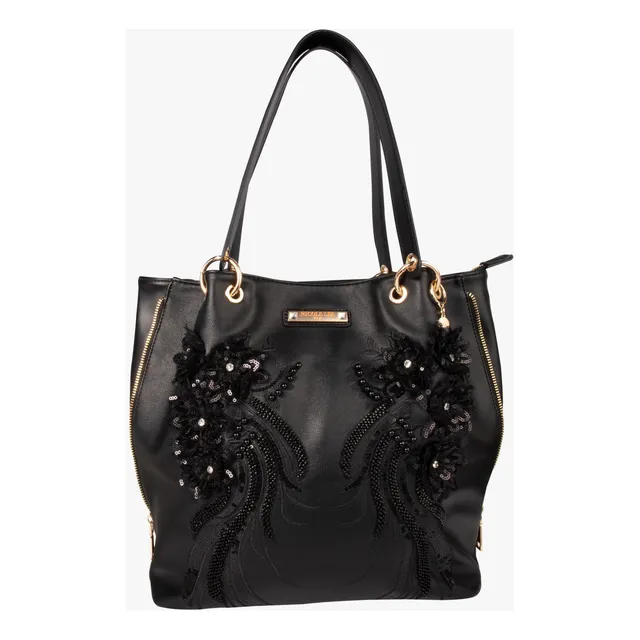 Bolsa Satchel Con Decoración Y Chaquiras Nicole Lee Ss24 Acabado de los herrajes Oro Color Negro Diseño de la tela Lisa