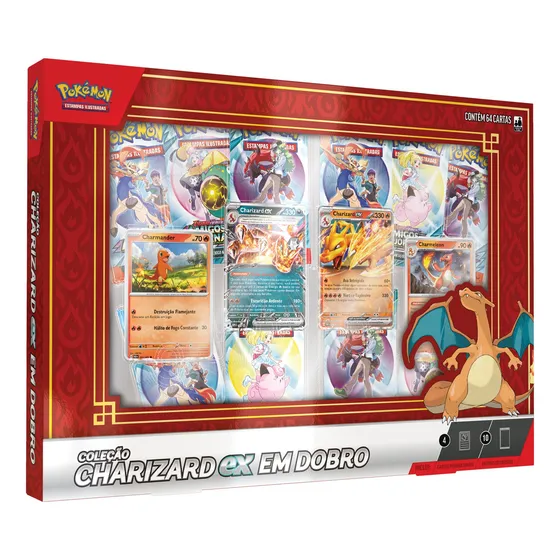 Conjunto de cartas Pokémon Copag Double Charizard com 64 cartas colecionáveis