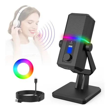 Microfone Gamer Condensador Rgb Purecare Cardioide Para Pc Com Led Preto