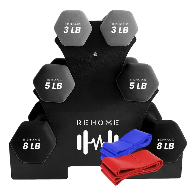 Kit De Pesas Mancuernas Neopreno 3 5 8 Lb Soporte Ejercicio Color Gris