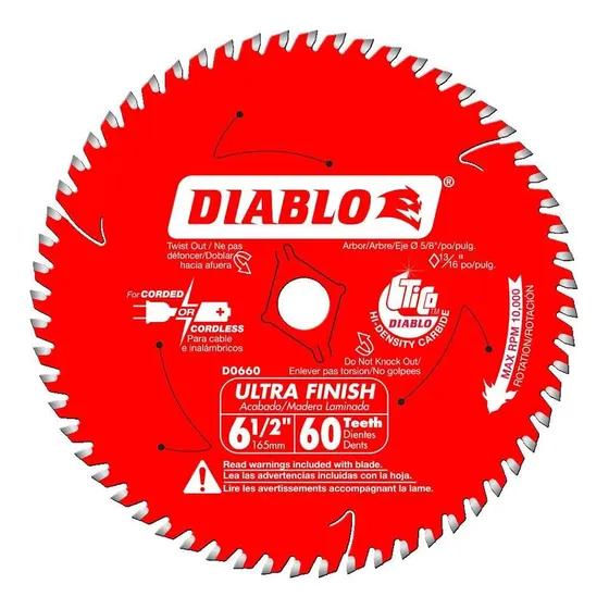 Disco De Corte Sierra 6-1/2 PLG. Corte Ultra Fino 60 Diente.