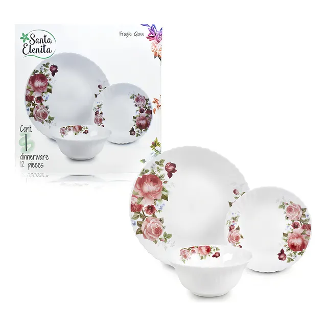 Vajilla De Mesa 12 Pz Opal Flores Rojas Santa Elenita Color Rojo