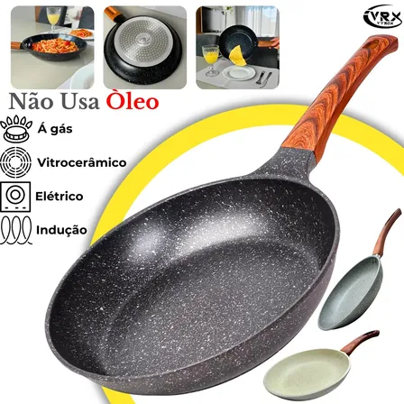 Frigideira Cerâmica 24cm Grande Premium Antiaderente Fogão Cooktop Indução Elétrico Gás Panela Frita Sem Óleo Não Gruda Preto Granito