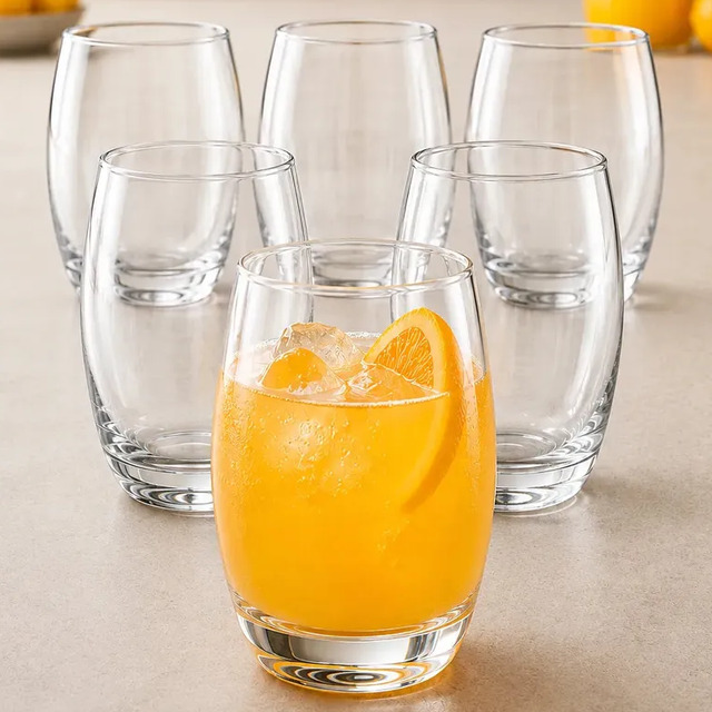 Conjunto de 6 copos de vidro transparentes com formato arredondado, sendo um deles preenchido com suco de laranja e gelo em primeiro plano.