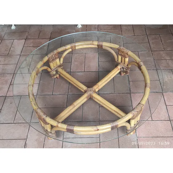 Mesa De Centro Luna Llena Vintage En Bambú, Ratán Y Vidrio
