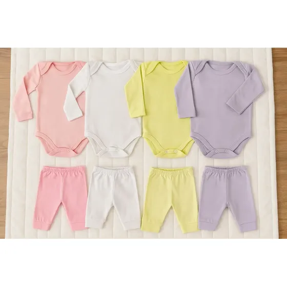 Kit 4 Peças De Roupas De Bebê - Body Manga Longa E Mijão
