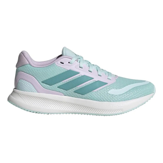 Tênis adidas Runfalcon 5 na cor azul-claro com detalhes em lilás e solado branco, visto de perfil