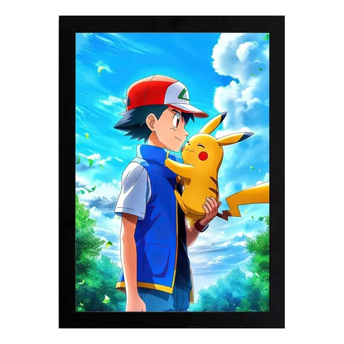 Quadro C/ Vidro Pokemon Ash Pikachu Desenho A4 23x33cm #3
