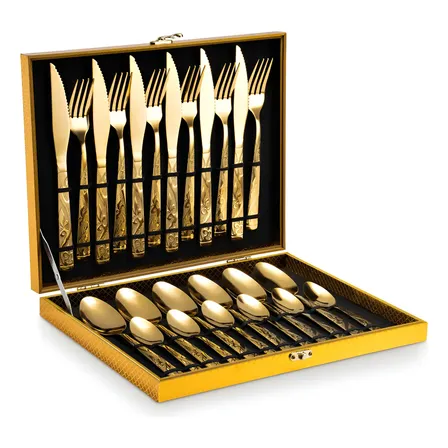 Eps-158 Kit Faqueiro Dourado Luxo Jogo Talheres Inox 24pçs + Maleta