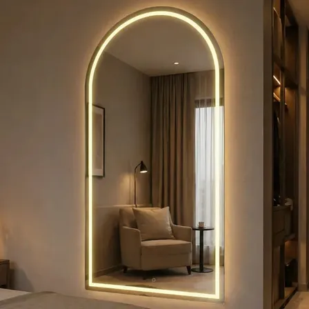 Espelho Led 3 Cores Touch Arco Jateado 100x80cm Base Reta