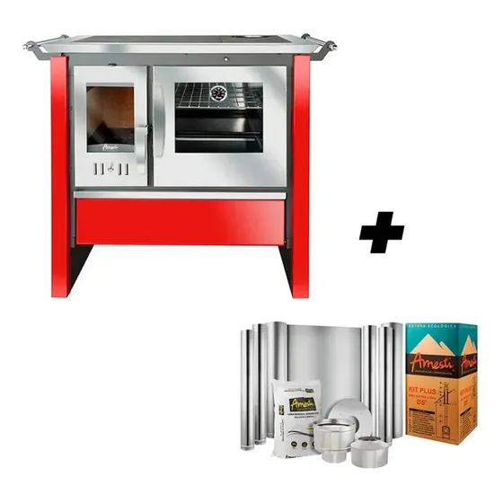 Cocina A Leña Combustión Lenta + Kit Instalación 5 Amesti Rojo