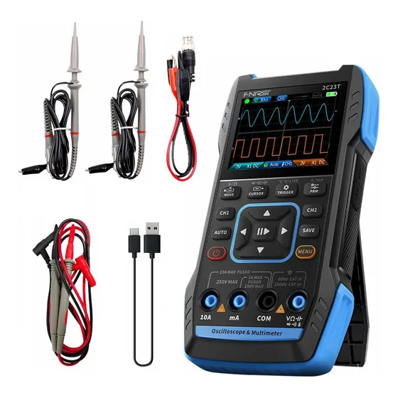 Osciloscopio Portatil Fnirsi 2c23t 2 Canales 10mhz, Generador De Señales Y Multimetro Con Doble Sonda Y Accesorios
