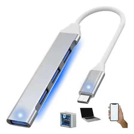 Hub USB Tipo C 4 Puertos 3.0 Adaptador Multipuerto compatible con Macbook Thunderbolt Laptop PC Celulares Teléfono Tablet