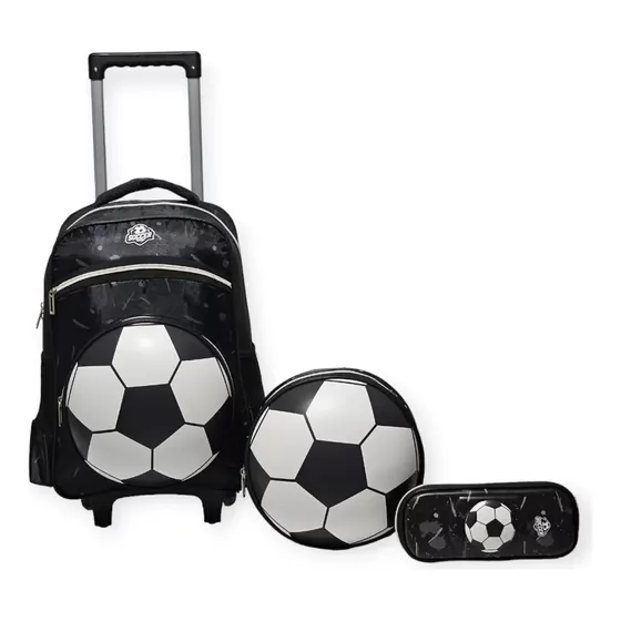 Mochila Escolar Rodinha Bola Menino 3d Alto Relevo Cor Preta Desenho Do Tecido Liso