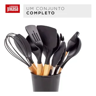 Kit Com 12 UtensĂlios De Cozinha Em Silicone Com Cabo Madeira Yikasa Kit Com 12 UtensĂlios De Cozinha Em Silicone Com Cabo Madeira Yikasa