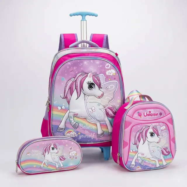 Kit Mochila Rodinha 3d Infantil Lancheira Estojo Unicornio Rosa
