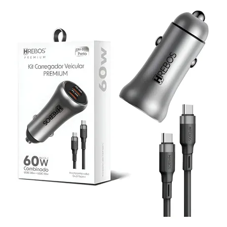 Carregador Premium Veicular Power Turbo 60w Cabo Dual Tipo-c Preto
