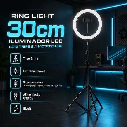 Ring Light Led Com Tripé 2.1m 30cm Branco Quente Branco Frio 3500k-6500k Iluminação Brilho Ajustável Para Fotos E Vídeos 127/220v Preto