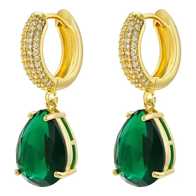 Aritos De Mujer Gota Strass Verde Esmeralda Baño Oro 18k