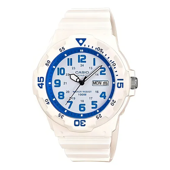 Reloj Casio Mrw 200hc Blanco Fechador Sumergible 100m Color del bisel Celeste Color del fondo Negro