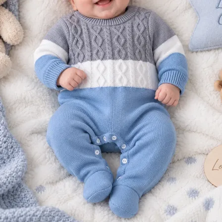 Macacão Bebê Em Tricô Nika Baby Azul-aço Liso P Veste De 0 A 3 Meses