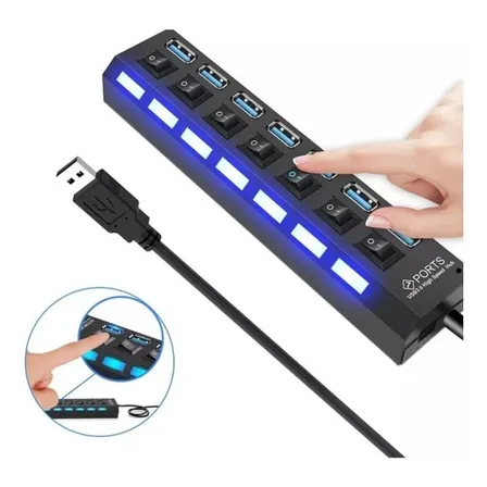 Adaptador de cargador USB Hub de 7 puertos, interruptor selector LED 2.0
