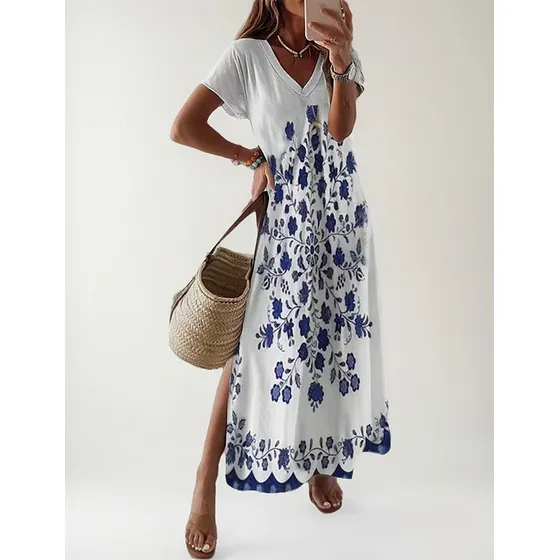 Vestido Suelto De Manga Corta Con Estampado Casual  De Playa