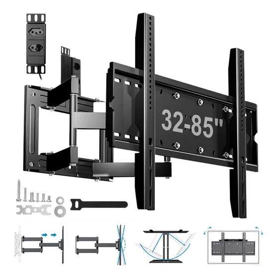 AT673 Suporte De Parede Multiarticulado Para Tvs De 32'' A 85'' Universal Suporta Até 60kg Ajuste Livre Giro Horizontal De Até 90° Maio Comprimento De Braço Com Tomada Dupla