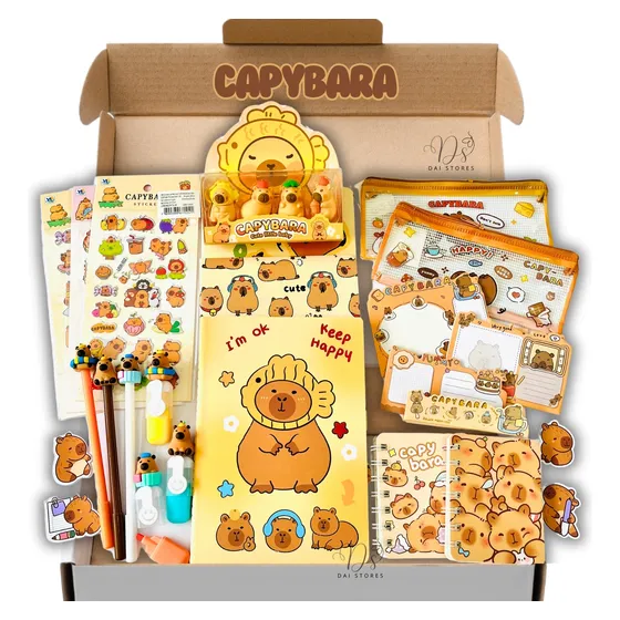 Kit Capivara Completo Caderno Caneta Adesivos Lápis Borracha