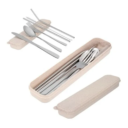 Set De Cubiertos Con Estuche Fibra De Trigo De Acero Color Marrón