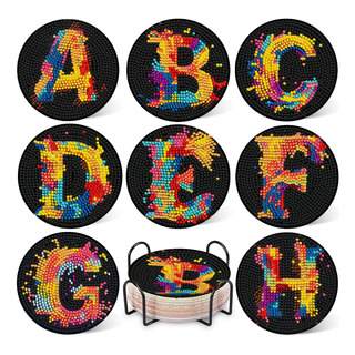 8 Posavasos De Pintura De Diamante Con Alfabeto Con Soporte, 8 Posavasos De Pintura De Diamante Con Alfabeto Con Soporte,