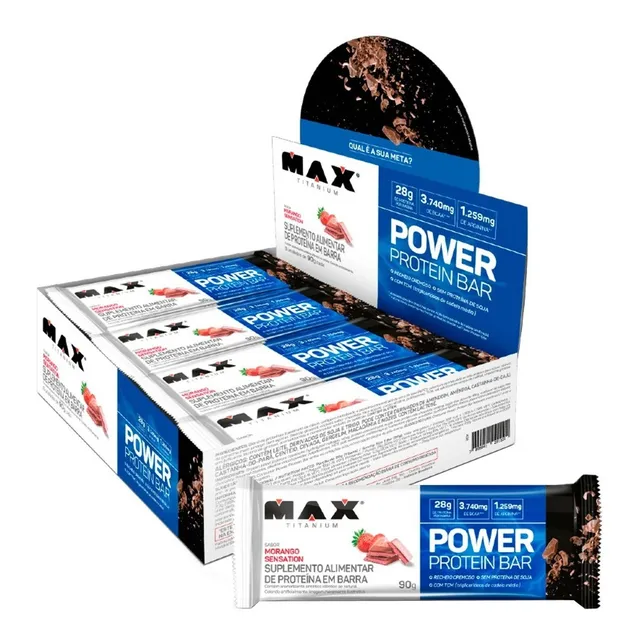 Whey Bar Power Protein 90g - Cx C/ 8 Unidades - Max Titanium Sabor Morango sensation