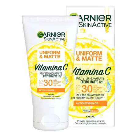 Protetor Solar Facial Hidratante Com Vitamina C Fps 30 Efeito Matte 12h Uniformiza E Reduz Imperfeições, Sem Cor, Ideal Para Pele Oleosa, Uniform & Matte Garnier, 40g