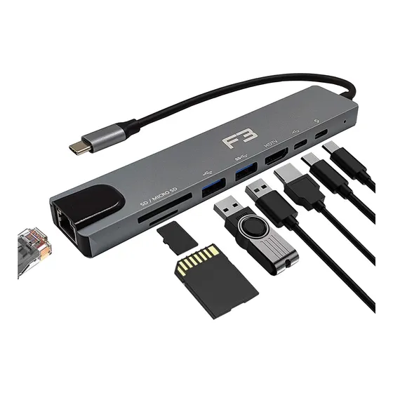 Adaptador Hub Tipo-c 8 Em 1 Hdmi 4k Lan Usb 3.0 Sd/tf Type-c