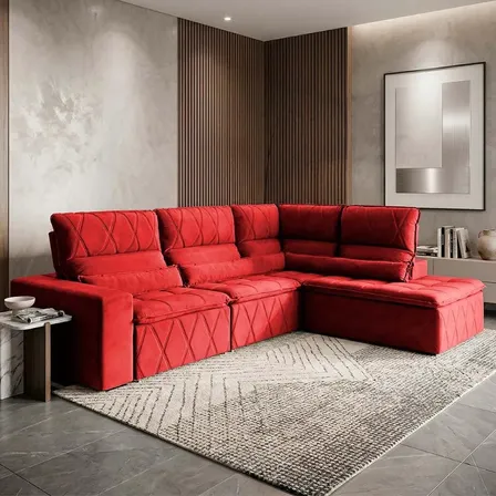Sofá De Canto Amsterdam Vermelho Molas Retrátil Reclinável