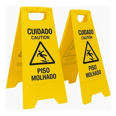 Kit 2 Placas De Sinalização Cavalete Cuidado Piso Molhado . Amarelo