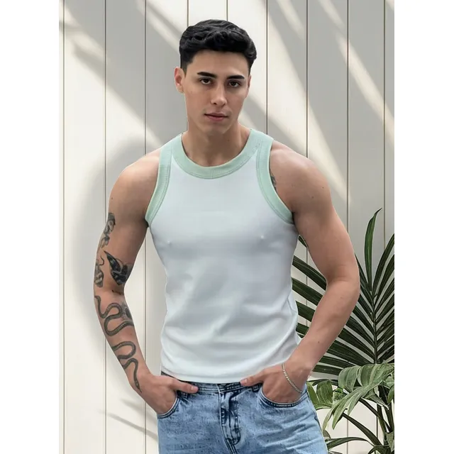 Bividi Clásico Cuello Redondo Combinado Algodón Rib Hombre